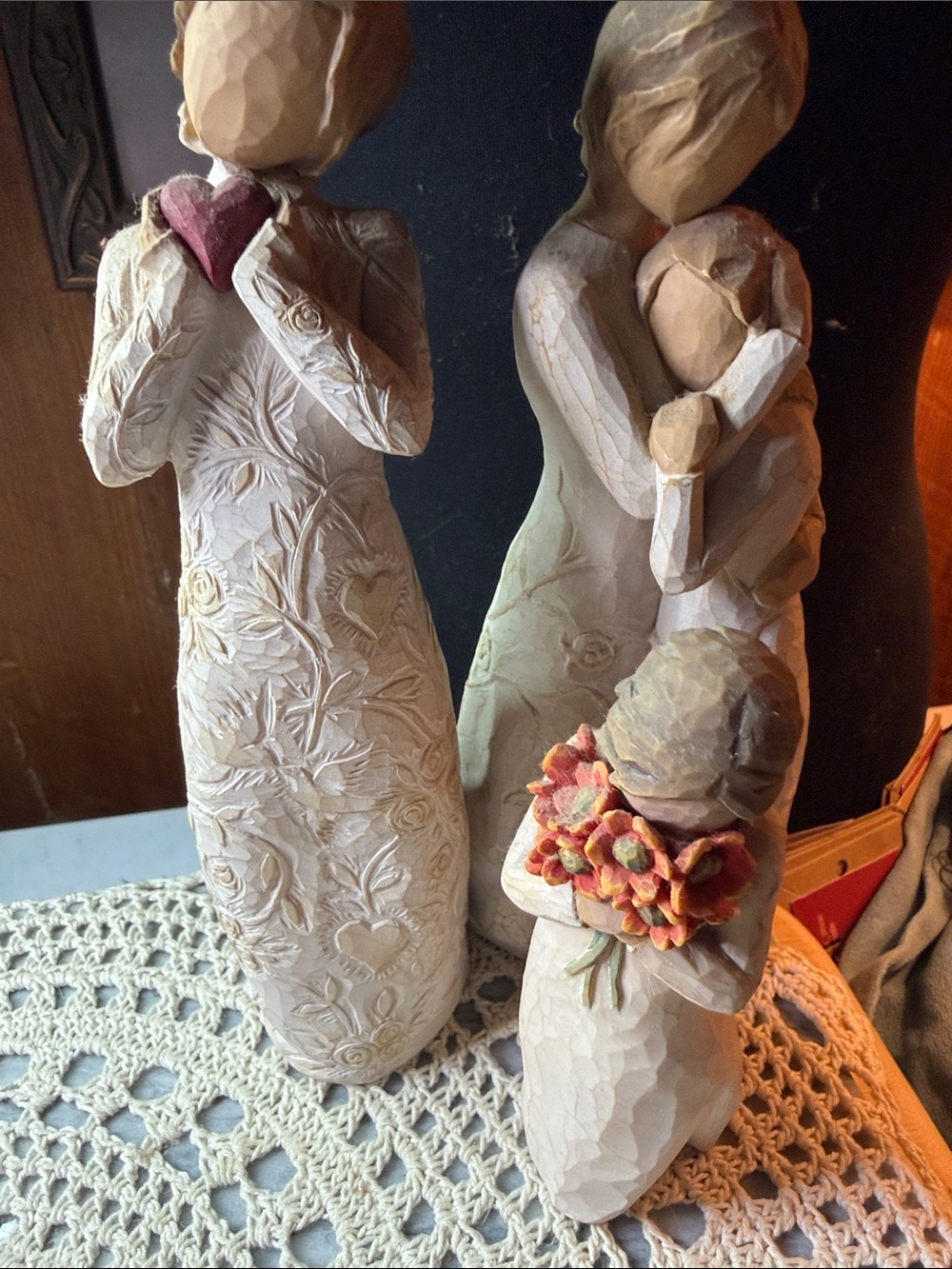 Willow Tree Neutral Family Sculpture with Pink Heart and Orange Bouquet